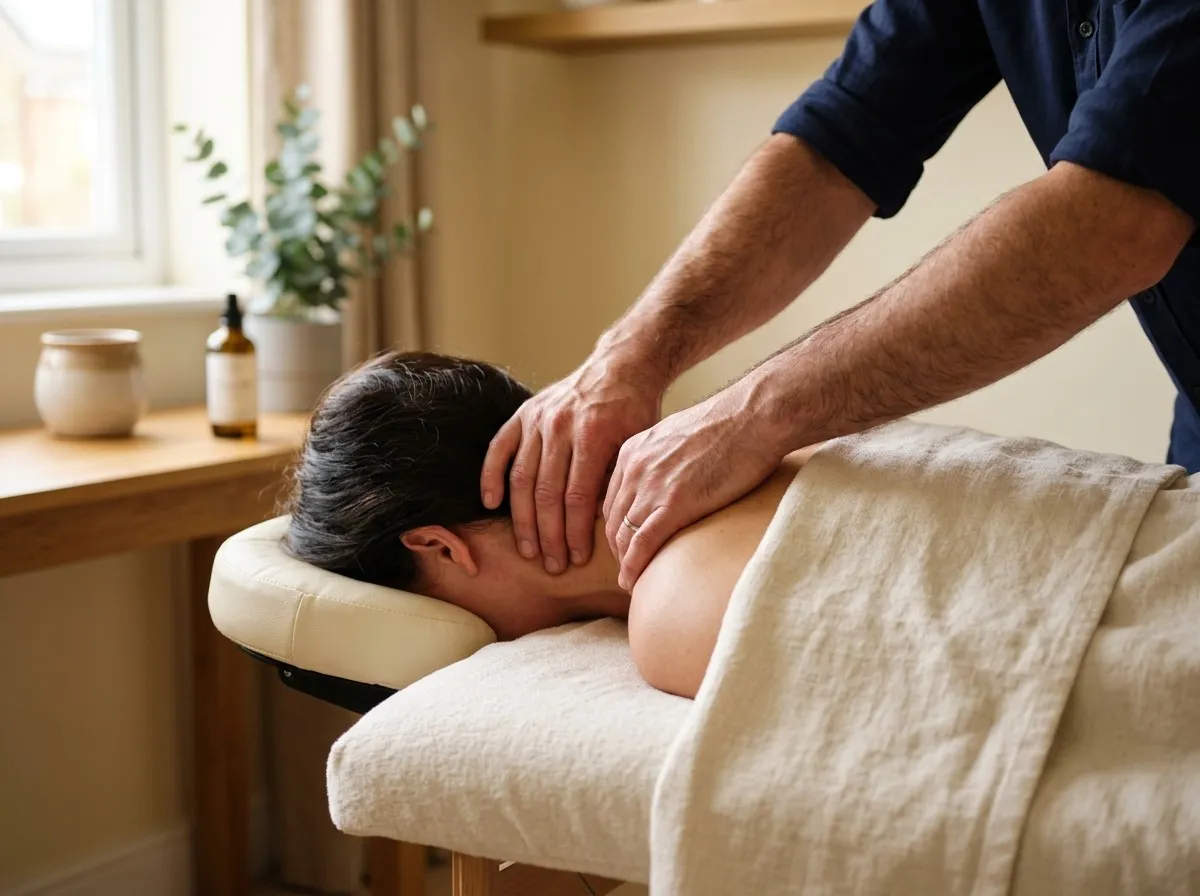 A therapist massaging the neck and shoulders of a client lying face down with their face in the couch’s face cradle
