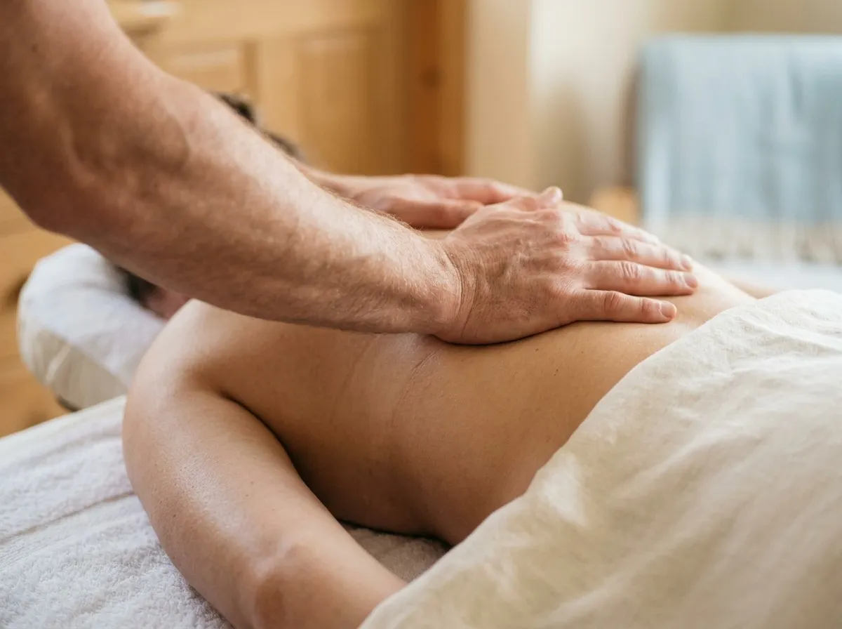 Close-up of a therapist’s hands pressing firmly into the muscles of a client’s lower back