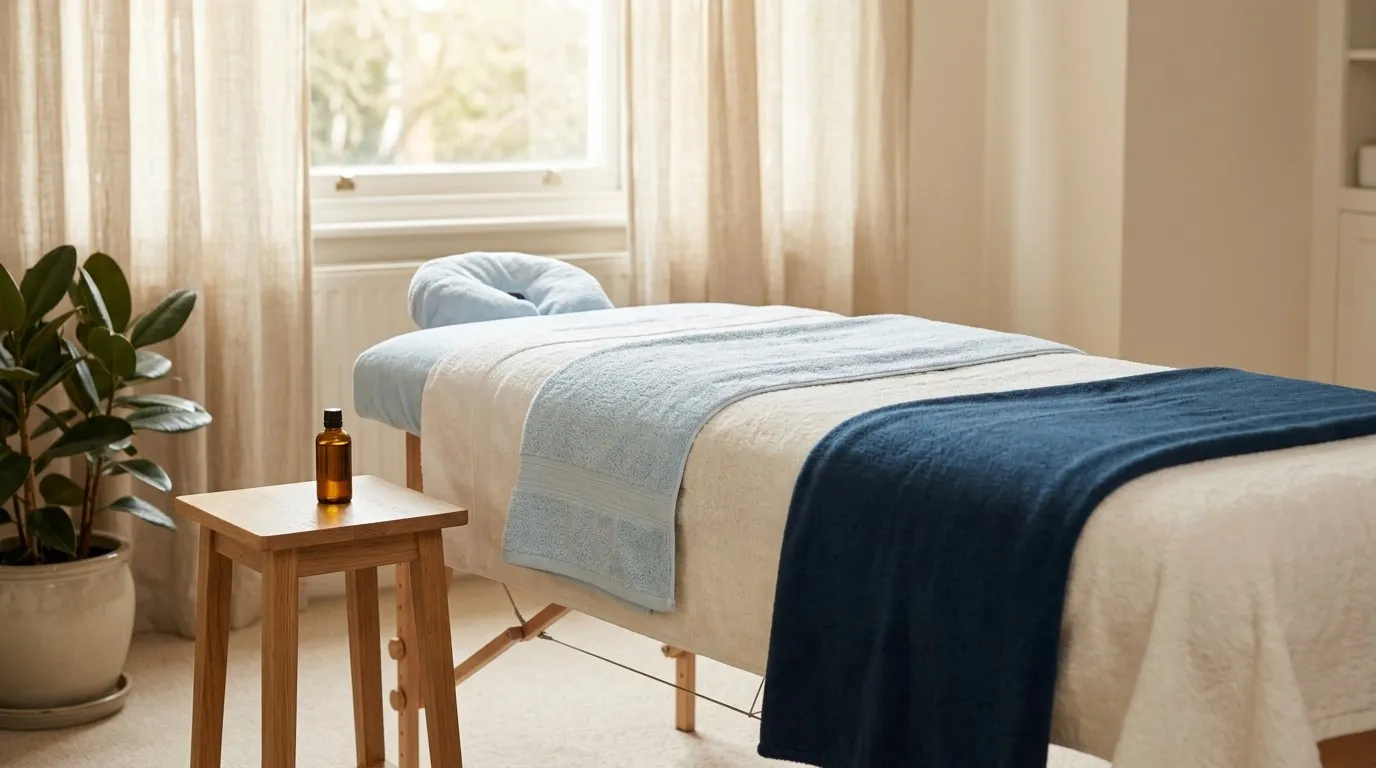 A portable massage couch with fresh towels set up in a bright living room