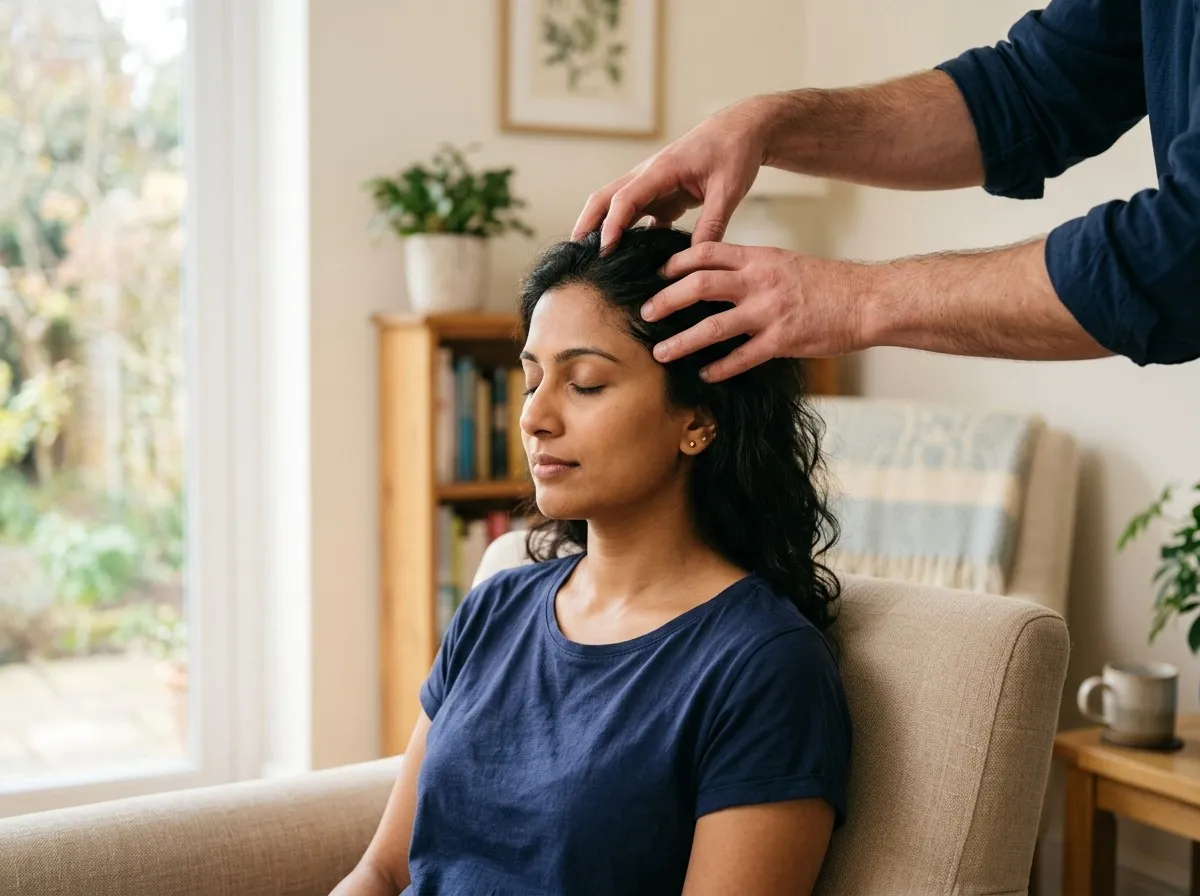 A woman sitting in an armchair with her eyes closed while a therapist massages her scalp from behind