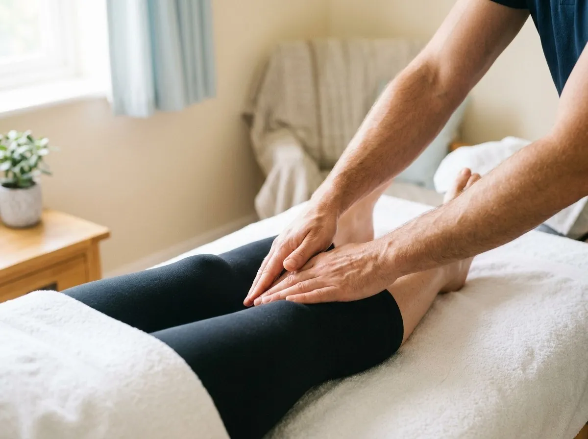 A therapist using light, flat-handed strokes on the lower legs of a client lying on a massage couch