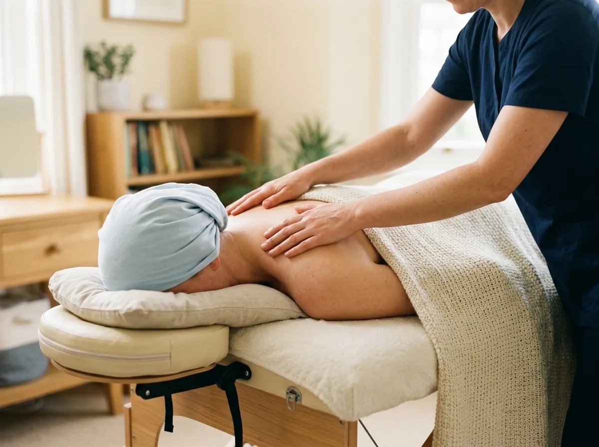 A therapist’s hands resting gently on the upper back of a client in a soft head scarf, lying face down on a massage couch under a knitted blanket