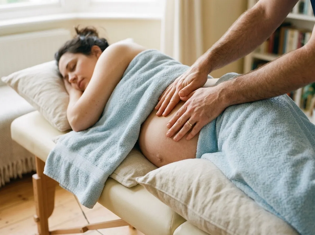 A pregnant woman lying on her side on a massage couch, supported by pillows and covered with a pale blue towel, while a therapist massages her lower back