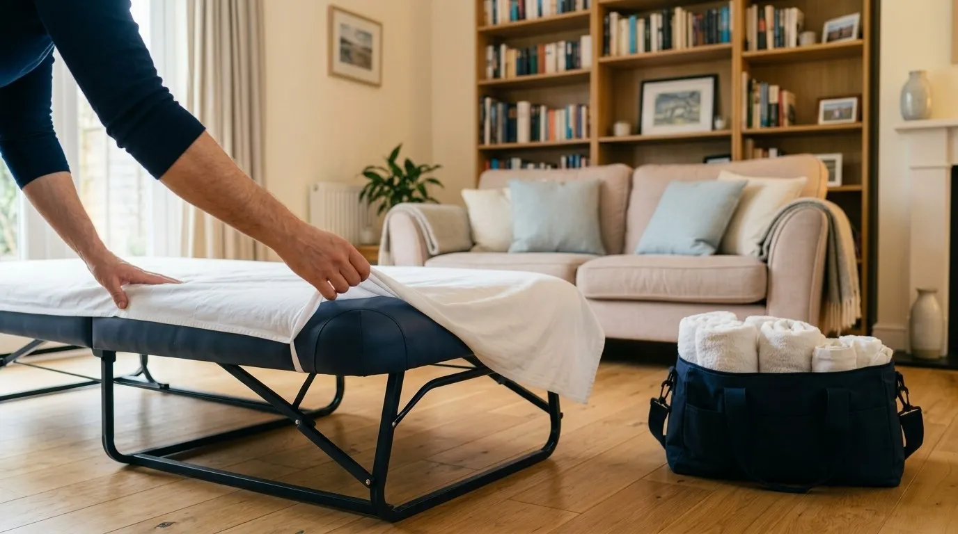A massage couch being covered with a fresh sheet in a living room, with a bag of rolled towels beside it