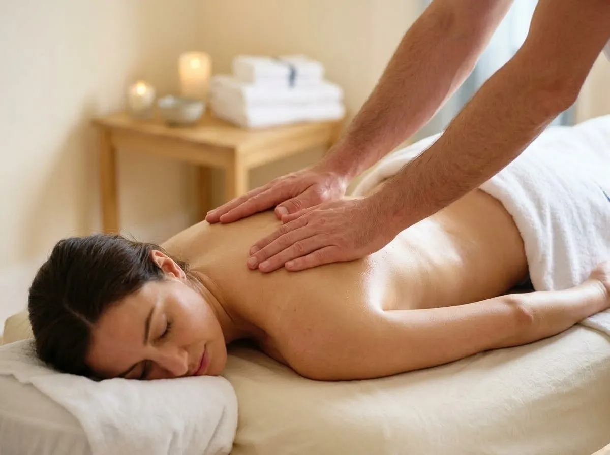A relaxed woman with her eyes closed lying face down on a massage couch while a therapist massages her back with long, flowing strokes