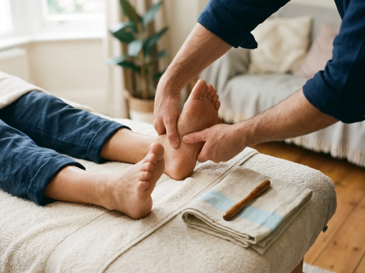 A therapist pressing a point on the sole of a client’s bare foot with his thumbs, with a wooden foot massage stick on a folded towel nearby